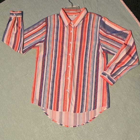 Button-front rounded hem long sleeve shirt size M coral, blue and cream stripes - Picture 9 of 13